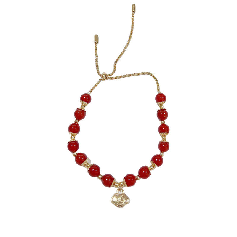 14K Gold-Plated Red Beaded 福 Bracelet - Festive Minimalist Design