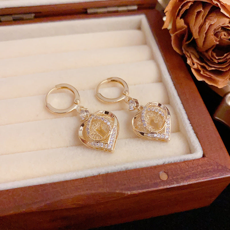 Luxury Zircon Metal Mesh Heart Drop Gold Earrings – Elegant Design