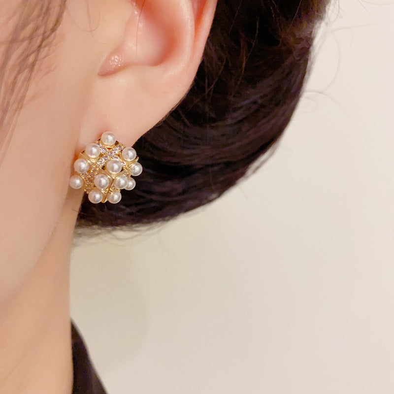 14K Gold Minimalist Pearl Square Stud Earrings – Geometric Design