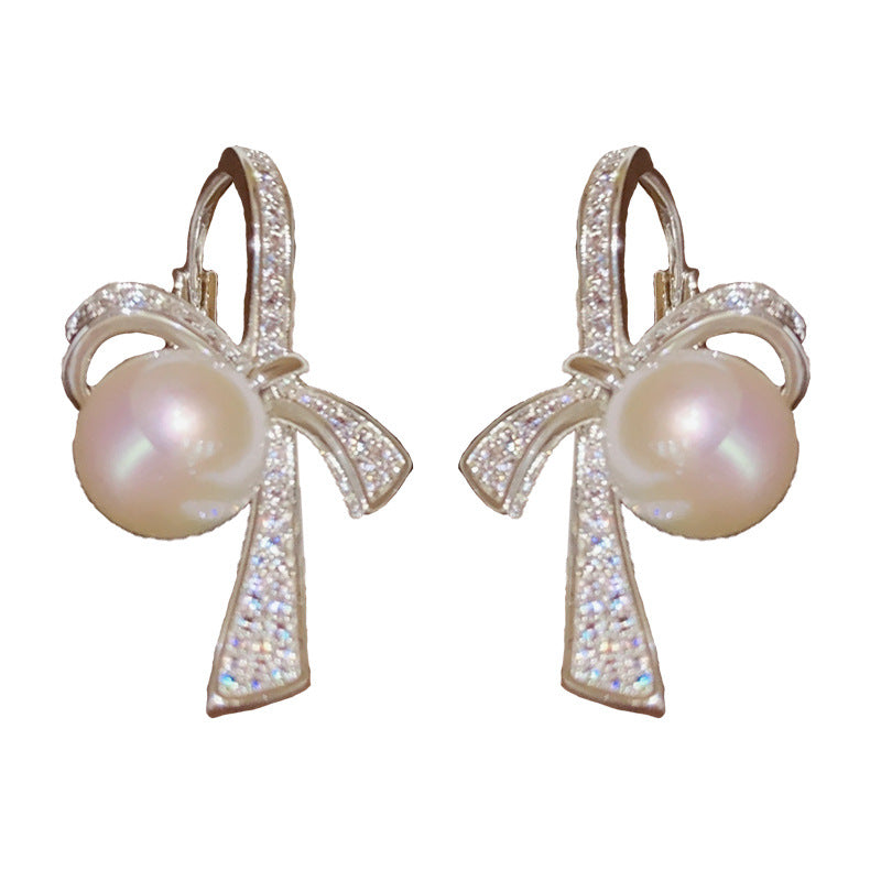 14K Gold-Plated Bow Pearl Earrings – Elegant Korean Chic Design