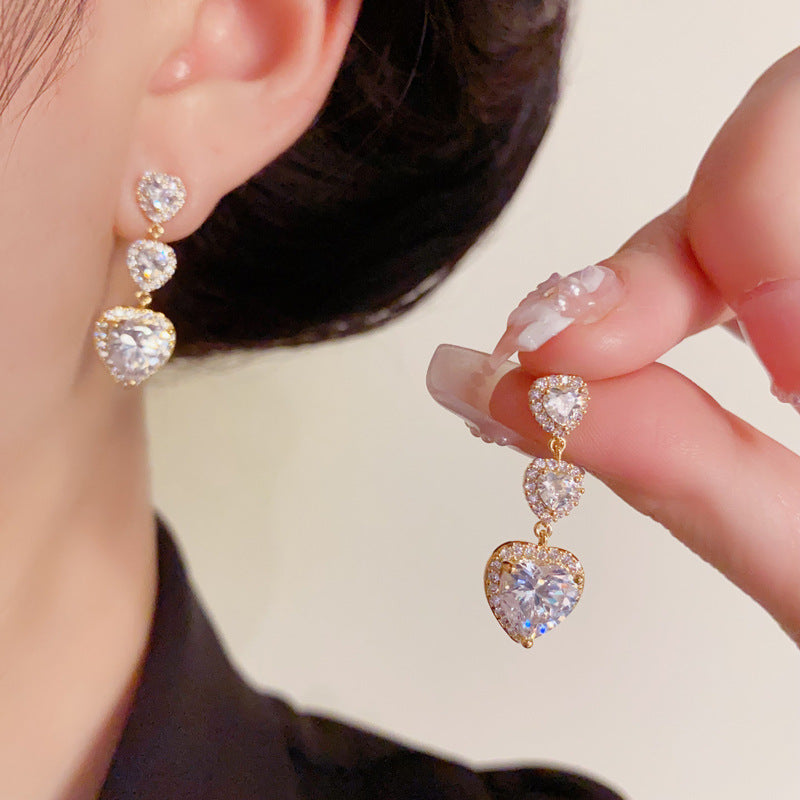 Luxury Full-Zircon Heart Tassel Drop Earrings – Elegant Design