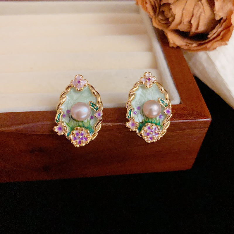 Colorful Enamel Petal & Pearl Stud Gold Earrings – Elegant Design