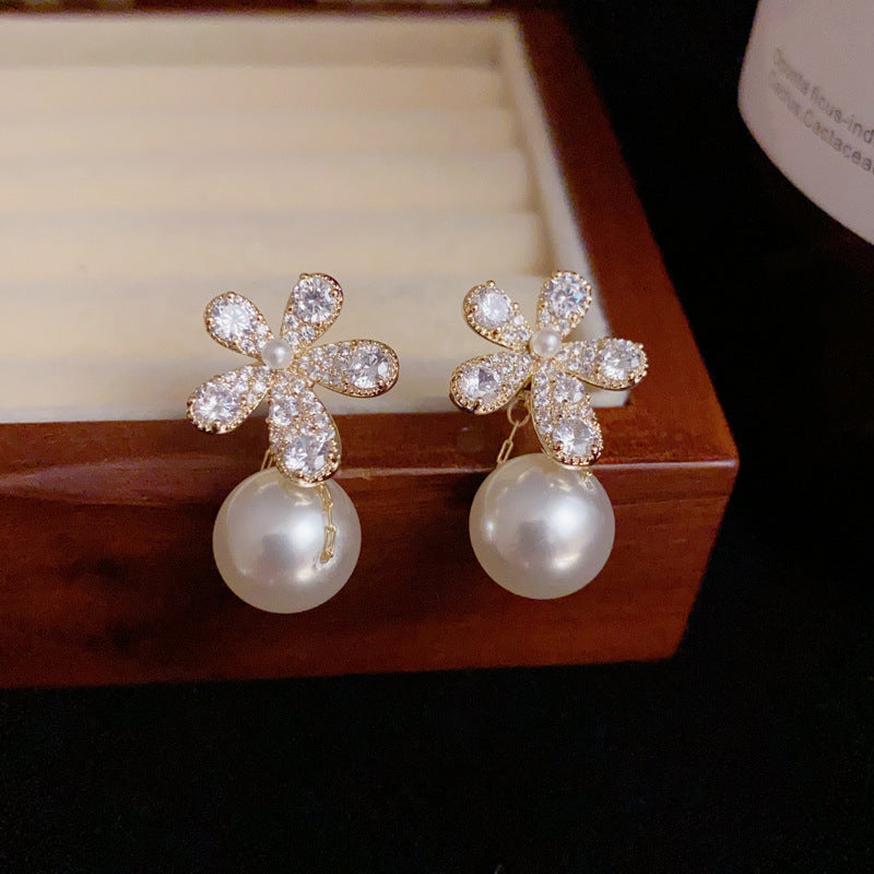 14K Gold-Plated Full Zircon Flower Pearl Earrings – Dual-Wear Design