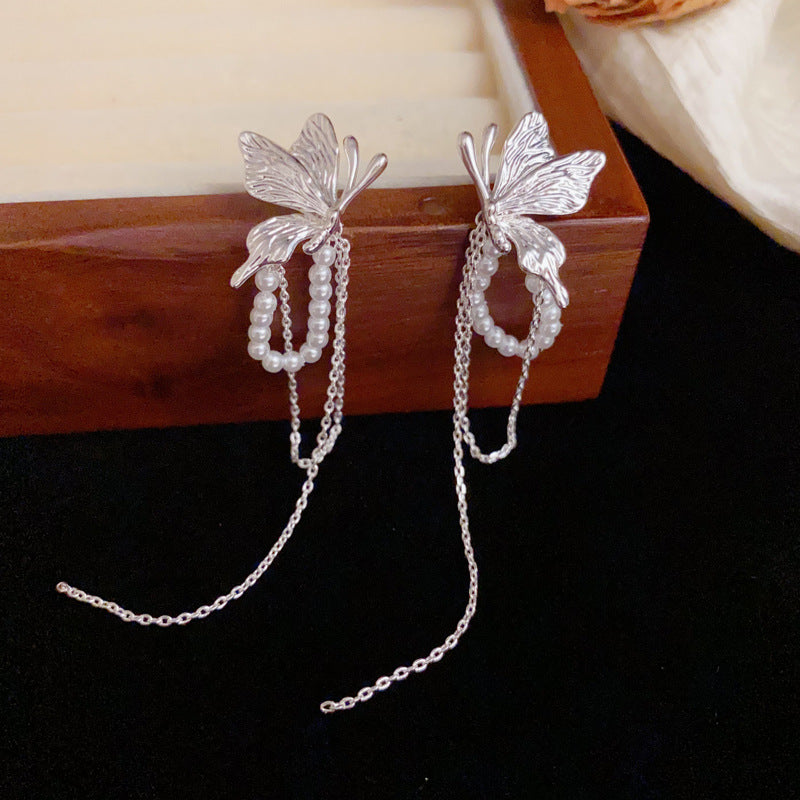 Luxury Butterfly & Pearl Chain Tassel Drop Earrings – Elegant Design