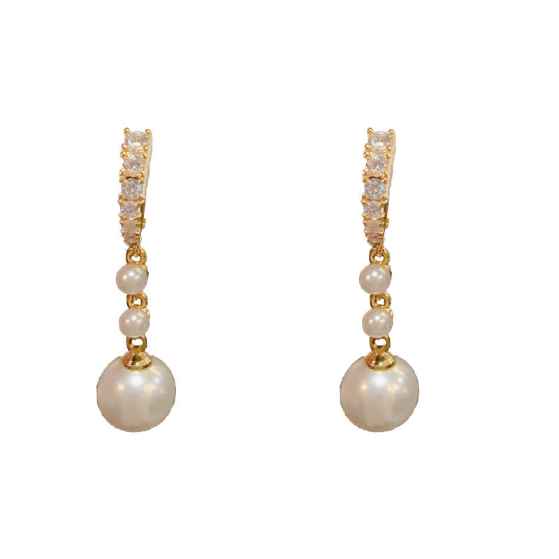 14K Gold-Plated Zircon C-Shaped Pearl Drop Earrings - Chic & Elegant