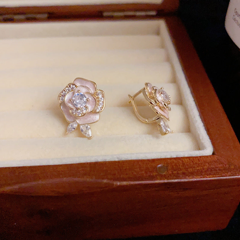 14K Gold-Plated Zircon Camellia Ear Cuffs – Elegant Floral Design