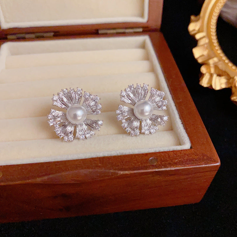 Elegant Metal Zircon & Pearl Petal Stud Earrings – Floral Design