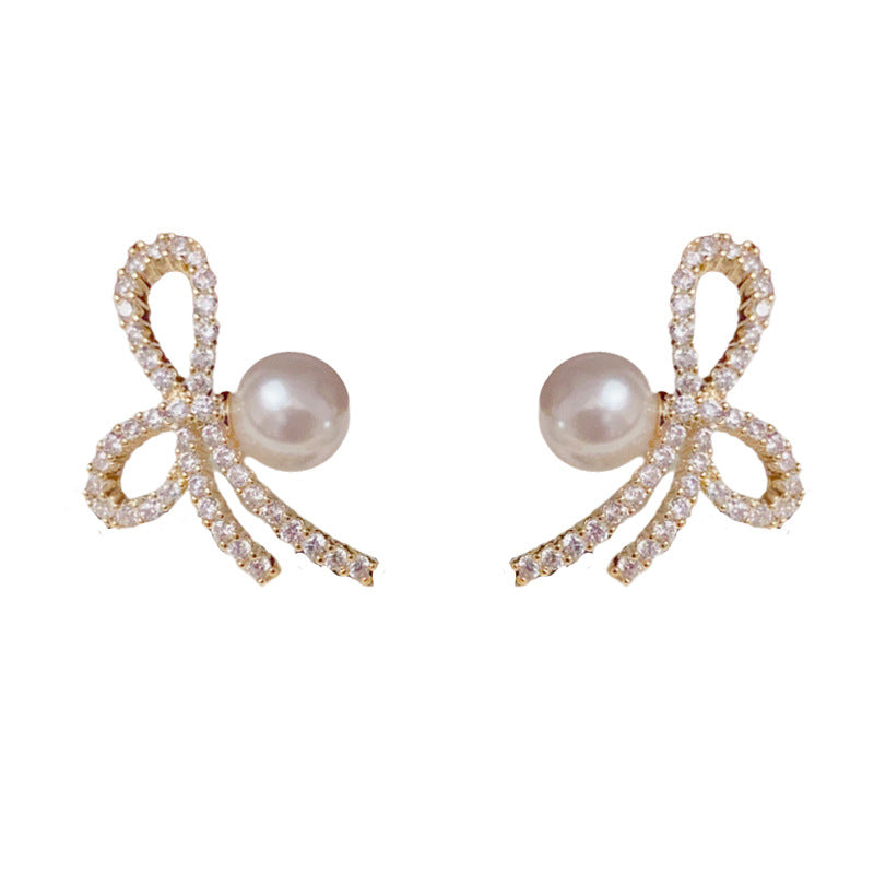 14K Gold Luxury Zircon Bow & Pearl Stud Earrings – S925 Silver Needle