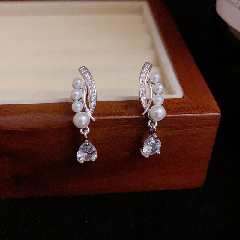 14K Gold-Plated Zircon Pearl Cross Waterdrop Earrings – Elegant Design