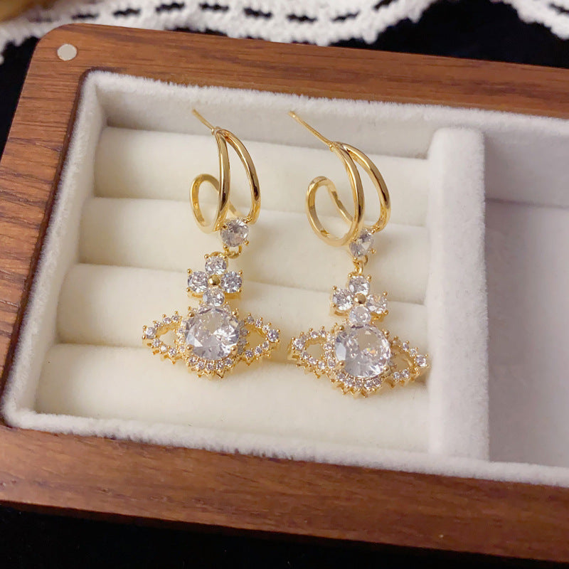 Full Pave Rhinestone Saturn Tassel Drop Earrings – Elegant Design