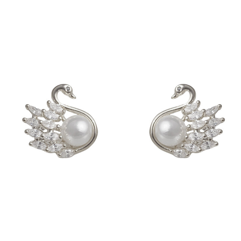 Luxury Zircon Pearl Swan Stud Earrings – Animal Design