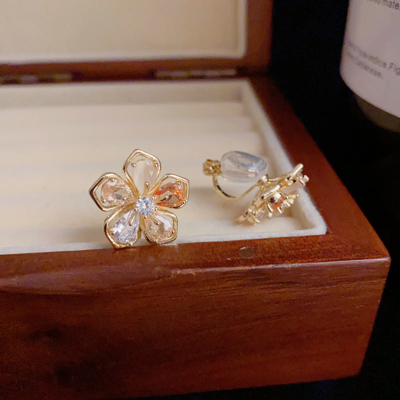 14K Gold Crystal Flower Clip-On Earrings – Elegant No-Piercing Design