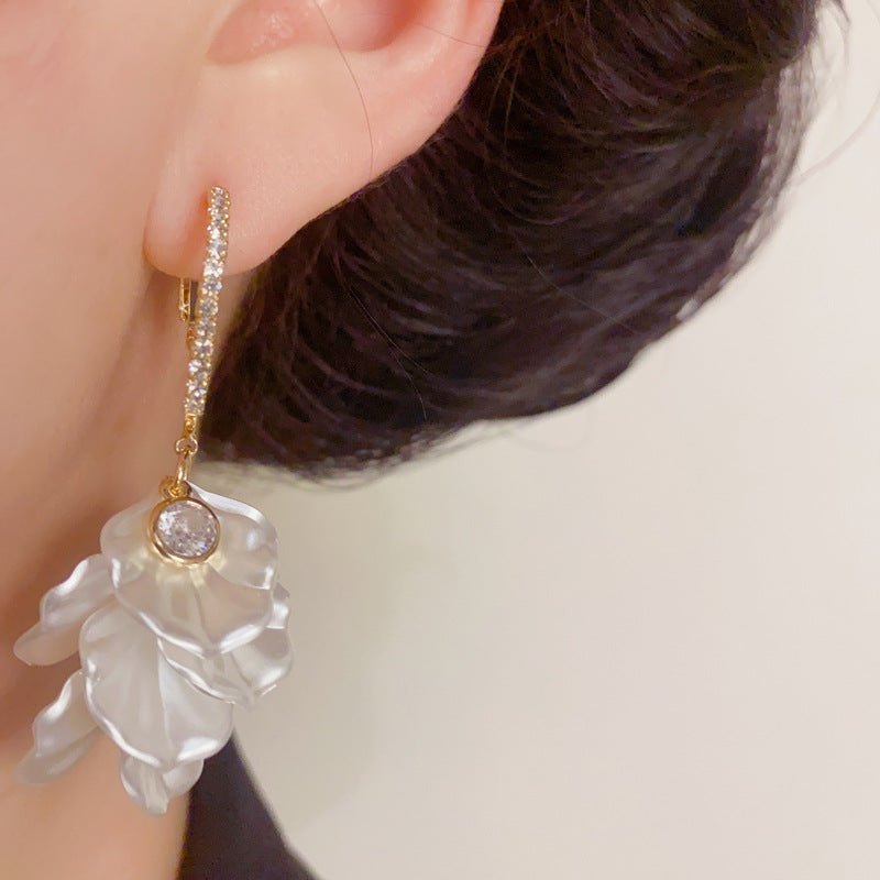 14K Gold Luxury Zircon White Petal Tassel Drop Earrings–Elegant Design