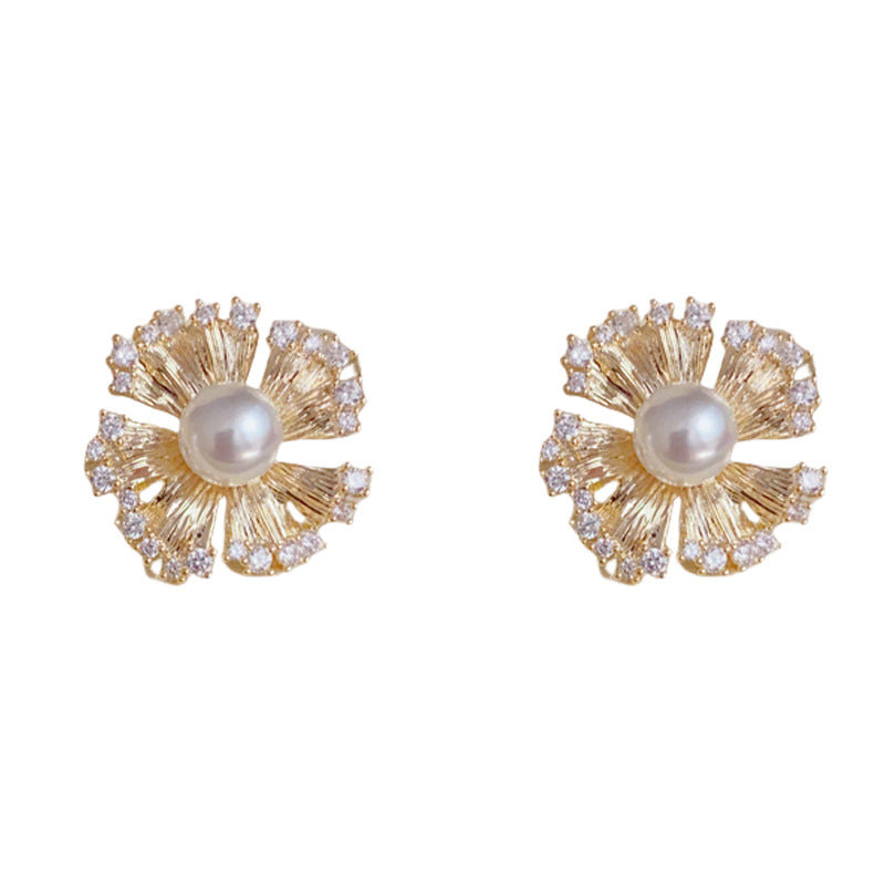Elegant Metal Zircon & Pearl Petal Stud Earrings – Floral Design