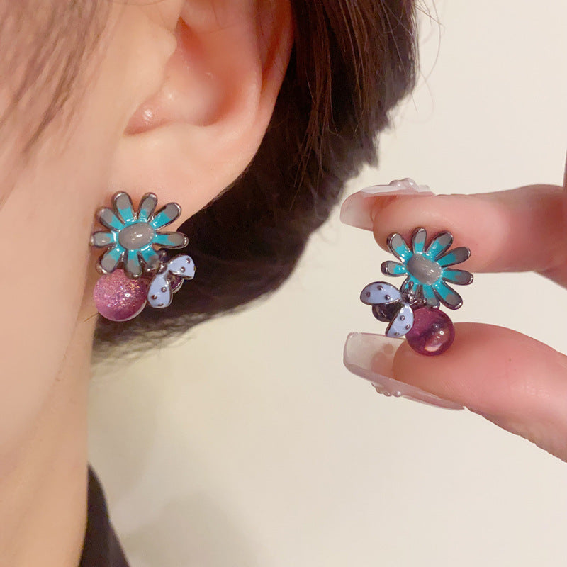 14K Gold-Plated Bee Petal Purple Bead Earrings -Vintage Elegant Design