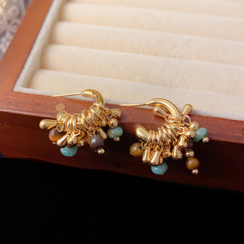 Luxury Meilard Tiger’s Eye Tassel Drop Earrings –French Retro Design