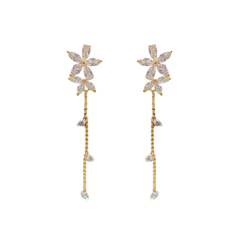 14K Gold-Plated Zircon Flower Tassel Earrings -Sweet & Elegant Jewelry