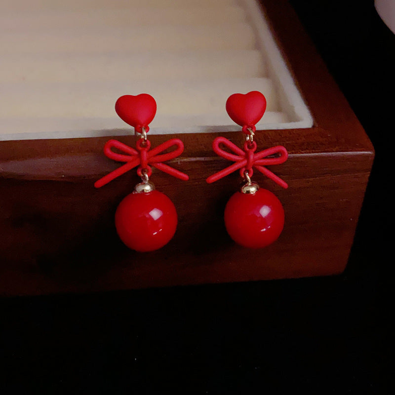 14K Gold-Plated Red Heart Bow Pearl Drop Earrings - Elegant Design