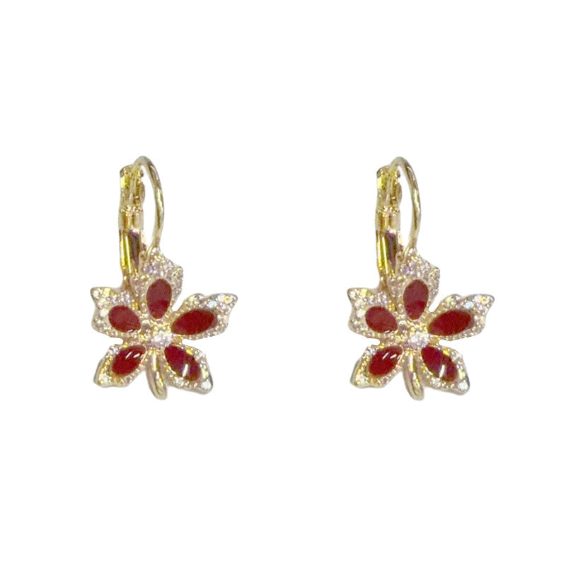 Luxury Full-Zircon Red Maple Leaf Ear Cuff Earrings – Elegant Design