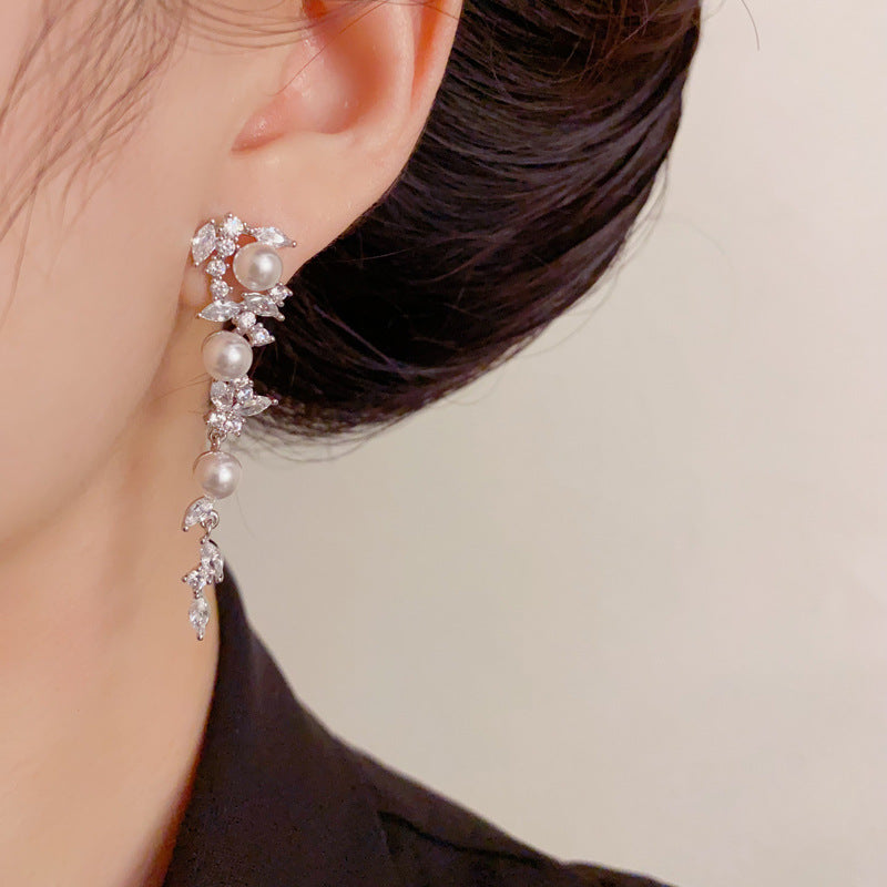 Luxury Zircon Leaf Long Pearl Tassel Drop Earrings – French Design