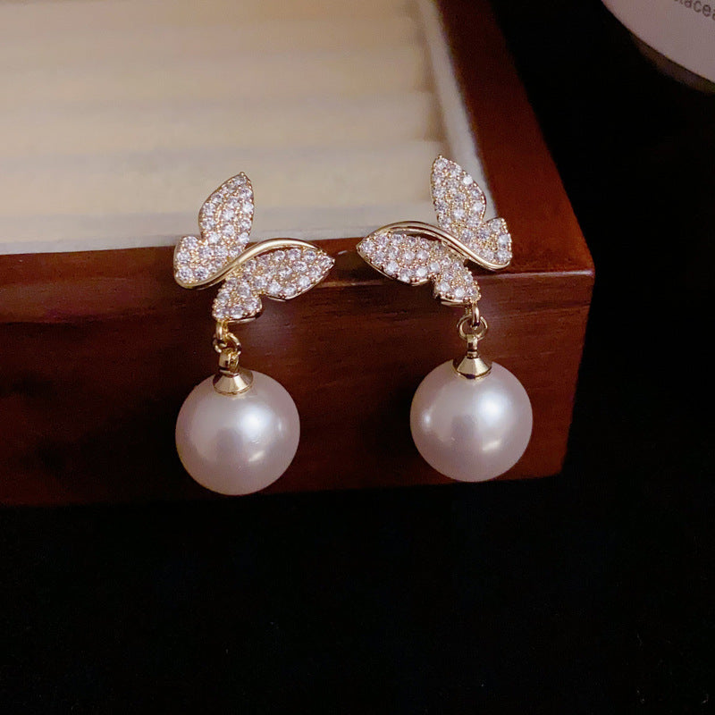 14K Gold-Plated Butterfly Pearl Drop Earrings – Elegant Chic Design