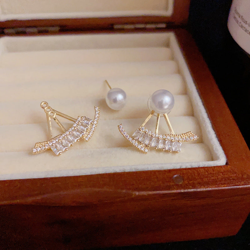 14K Gold Minimalist Pearl Fan-Shaped Front-Back Earrings – Elegant