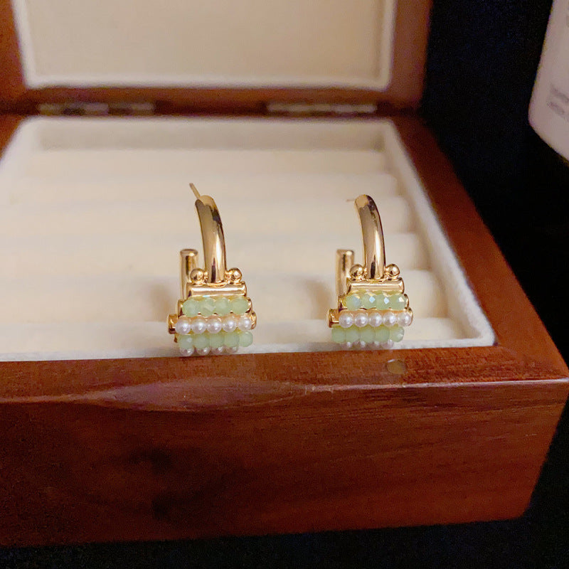 14K Gold Green Bead & Pearl C-Shaped Hoop Earrings – Statement Jewelry