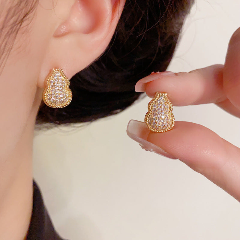 14K Gold-Plated Luxury Full-Zircon Gourd Stud Earrings – Floral Design