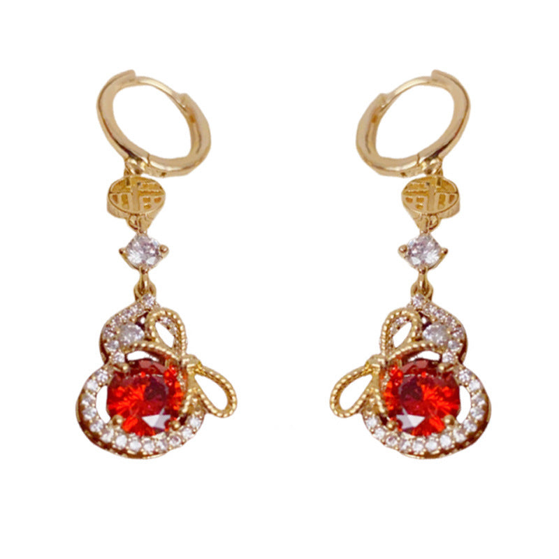 Elegant Zircon Gourd & Bow Tassel Earrings – Floral Design