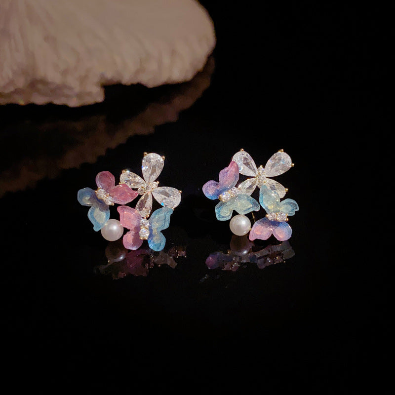 14K Gold Colorful Zircon Butterfly Stud Earrings – Elegant Design