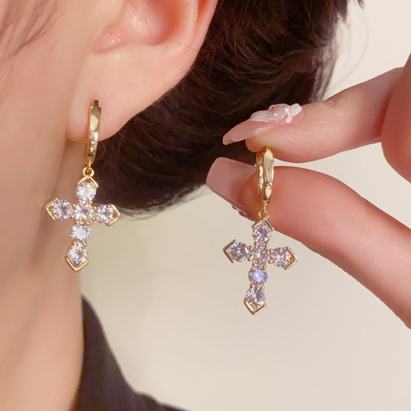 Luxury Full-Zircon Cross Tassel Ear Cuff Earrings – S925 Silver Needle