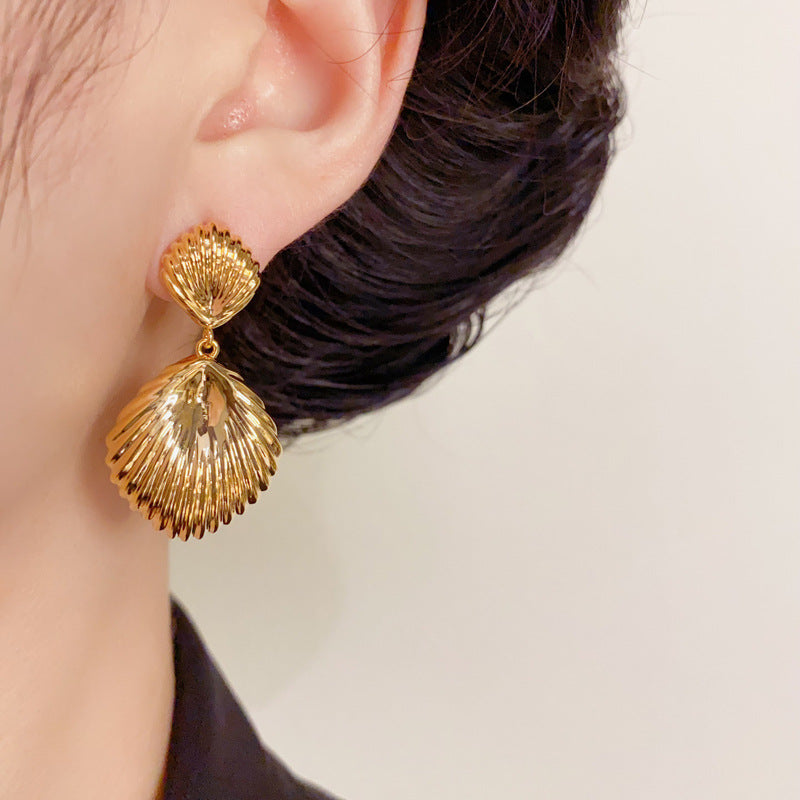 Elegant Textured Metal Shell Drop Earrings – Geometric Design