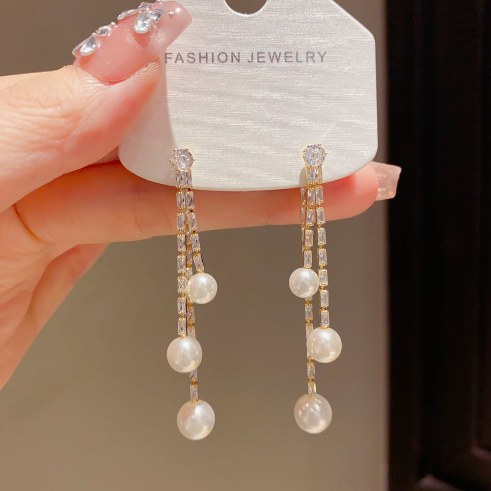 Eaioncol Layered Pearl CZ Tassel Drop Earrings Gold