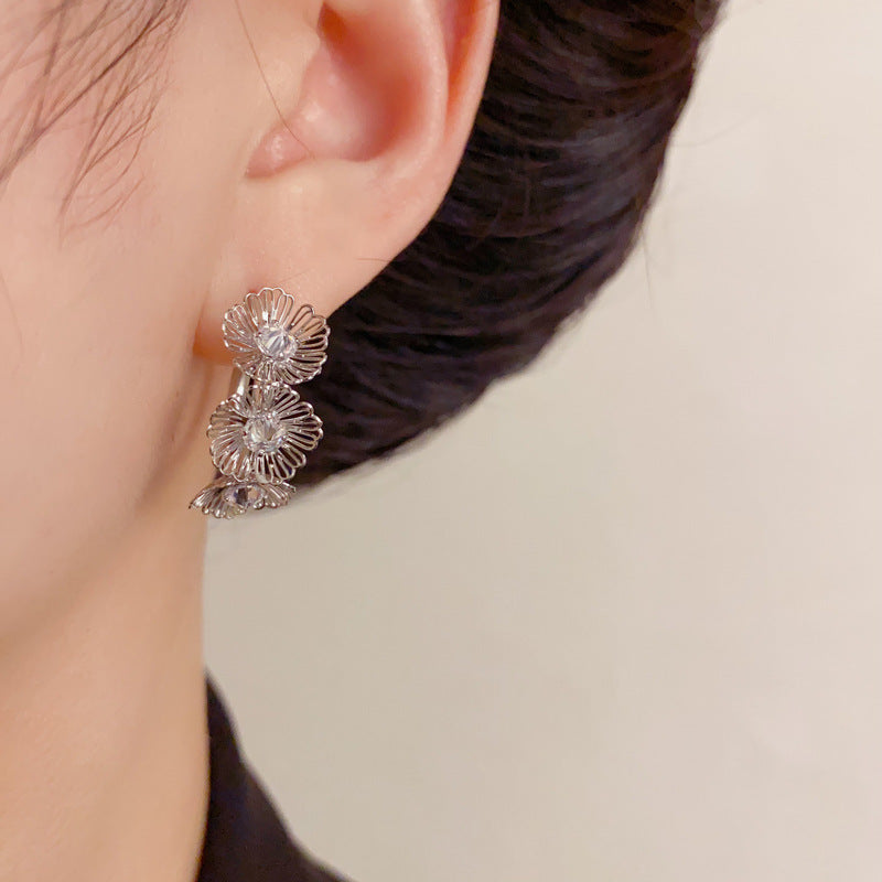 Elegant Zircon Hollow Petal Hoop Earrings – French Floral Design