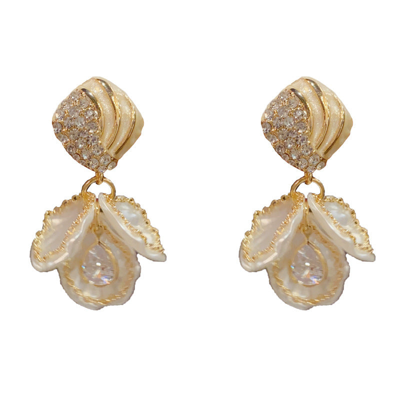 Luxury Zircon Diamond & White Petal Drop Gold Earrings – Floral Design