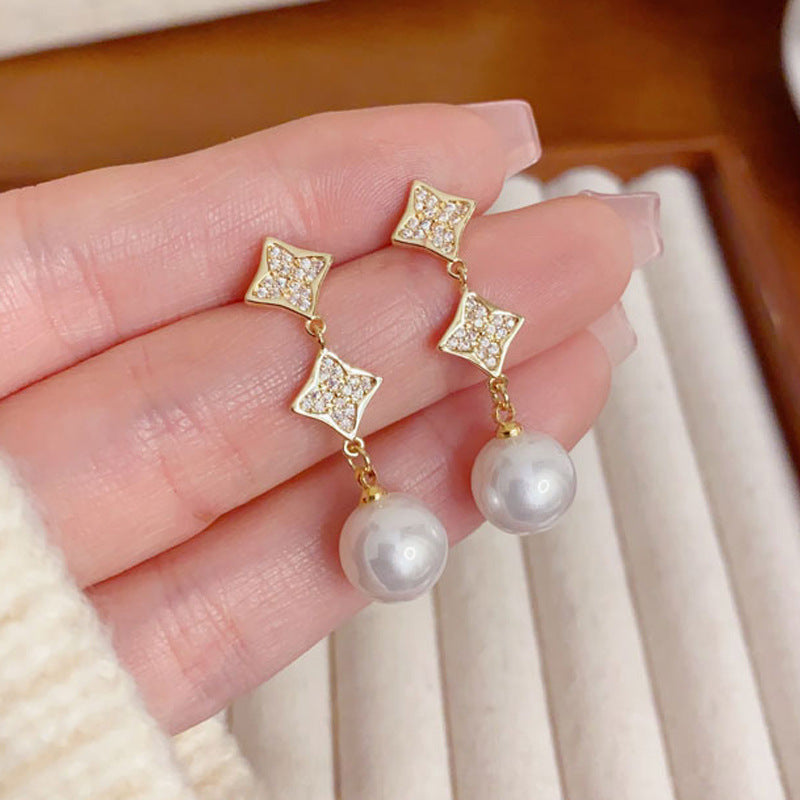 Elegant Zircon Flower Tassel Pearl Drop Earrings – French Design