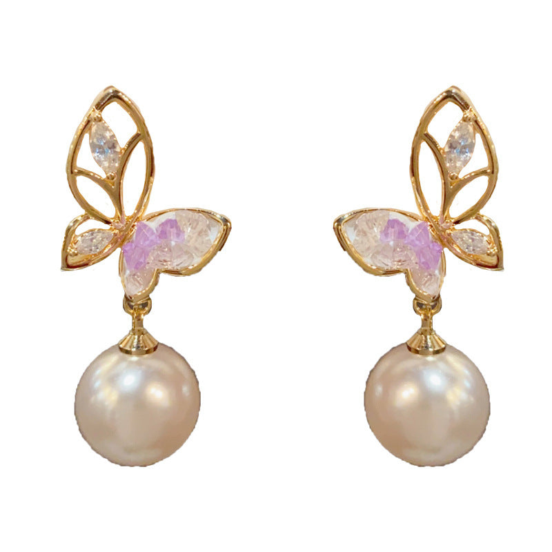 14K Gold-Plated Hollow Butterfly Pearl Drop Earrings – Elegant Design