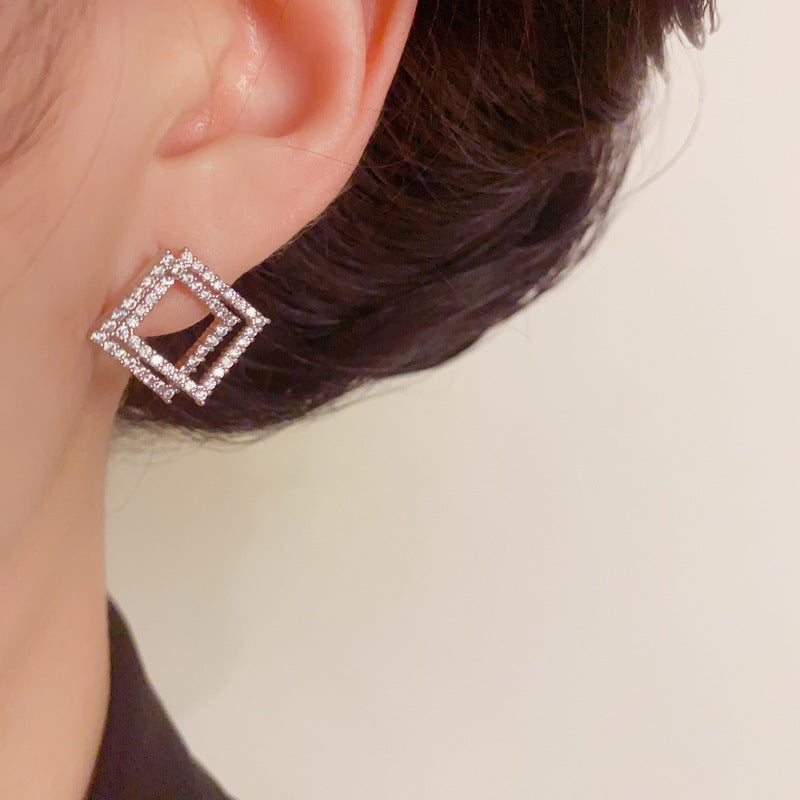 Zircon Double-Layer Diamond-Shaped Stud Earrings – Geometric Design