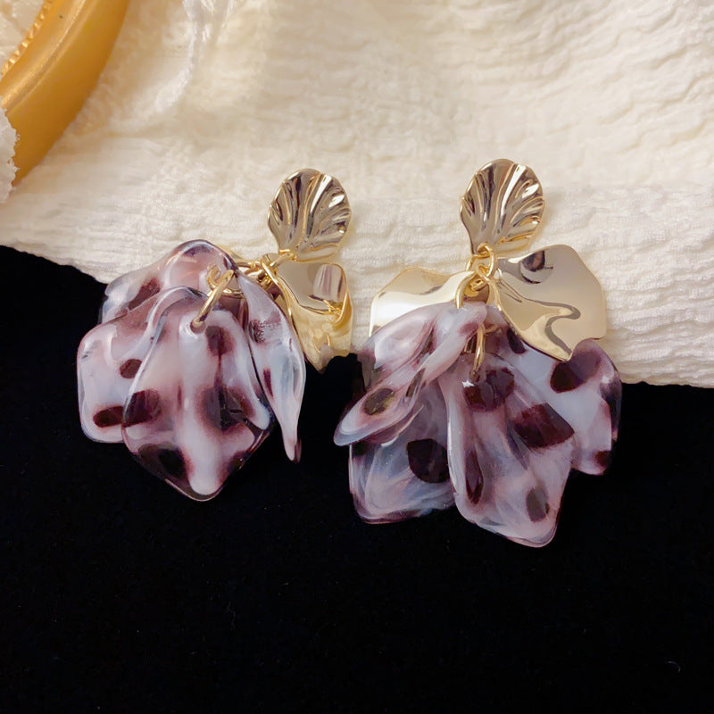 Luxury Leopard Metal Petal Tassel Drop Earrings – French Retro Design