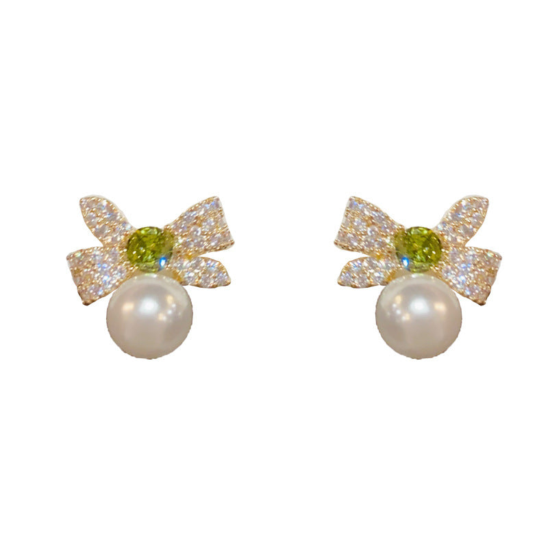 14K Gold-Plated Zircon Butterfly Knot Pearl Earrings - Elegant Design