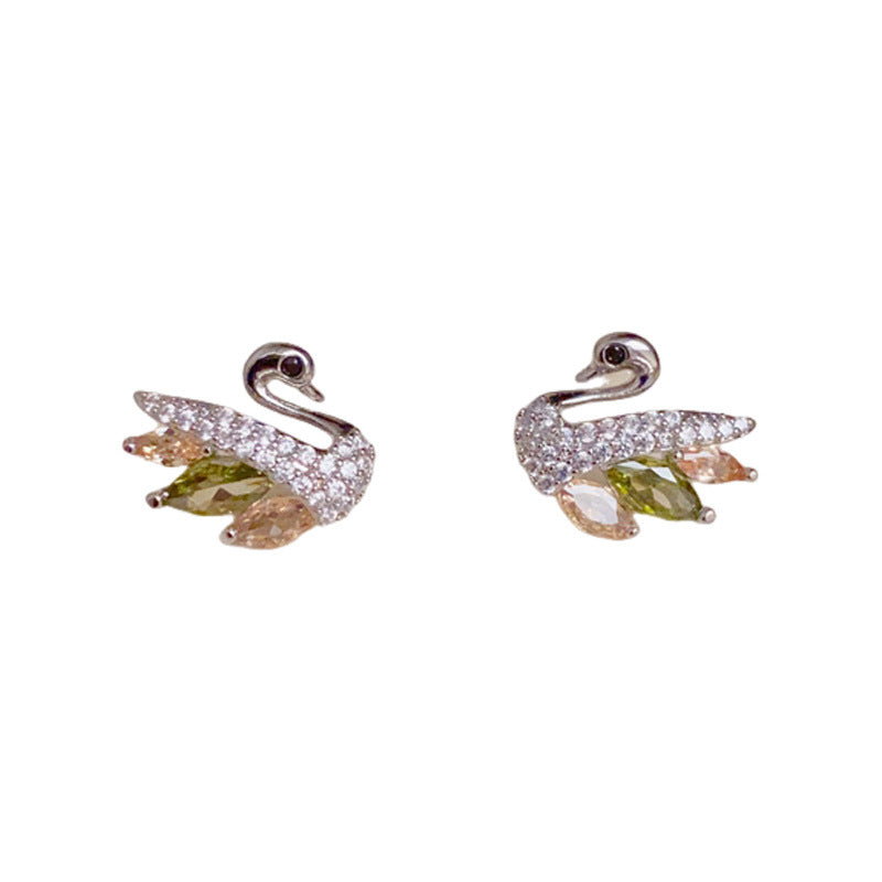 14K Gold Colorful Crystal Swan Stud Earrings – Dainty Animal Design