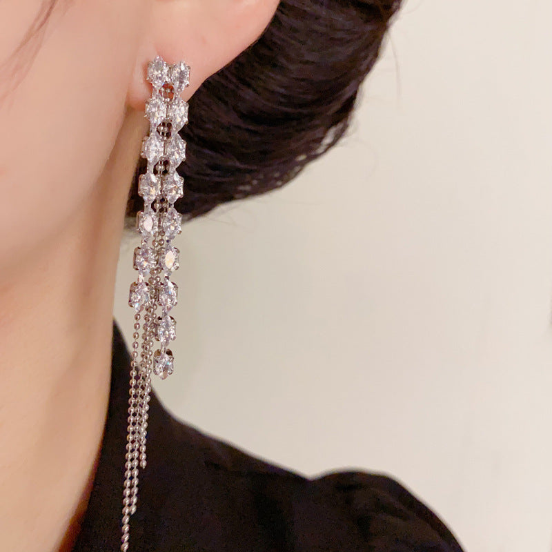 14K Gold Full Zircon Long Tassel Drop Earrings - Chic Elegance Design