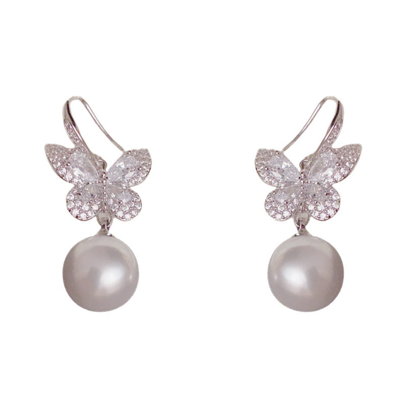 Luxury Zircon Butterfly & Pearl Drop Earrings – Elegant Design