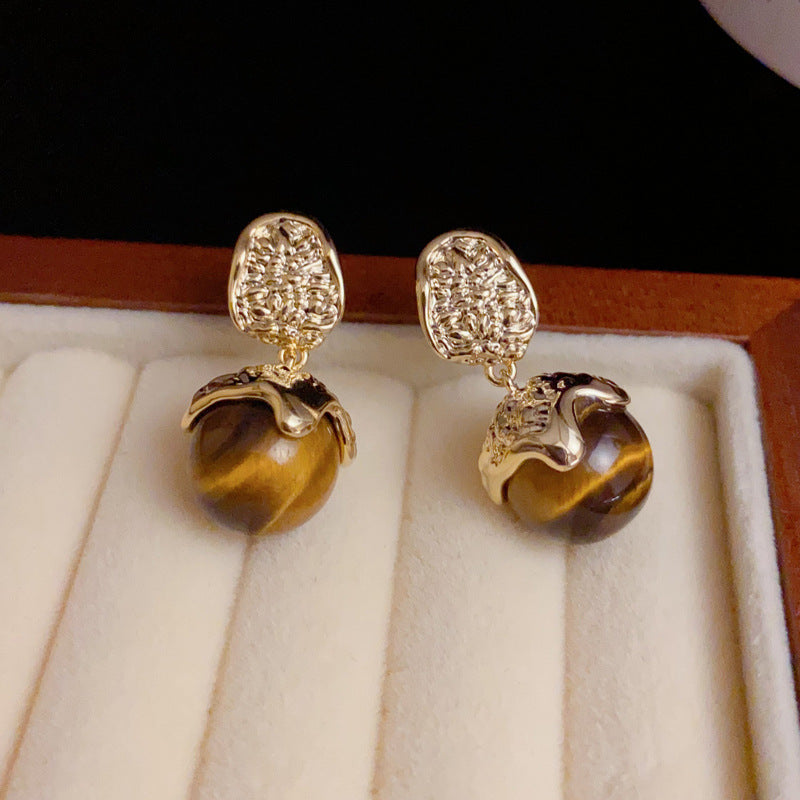 14K Gold-Plated Tiger's Eye Stud Earrings - Minimalist Luxury