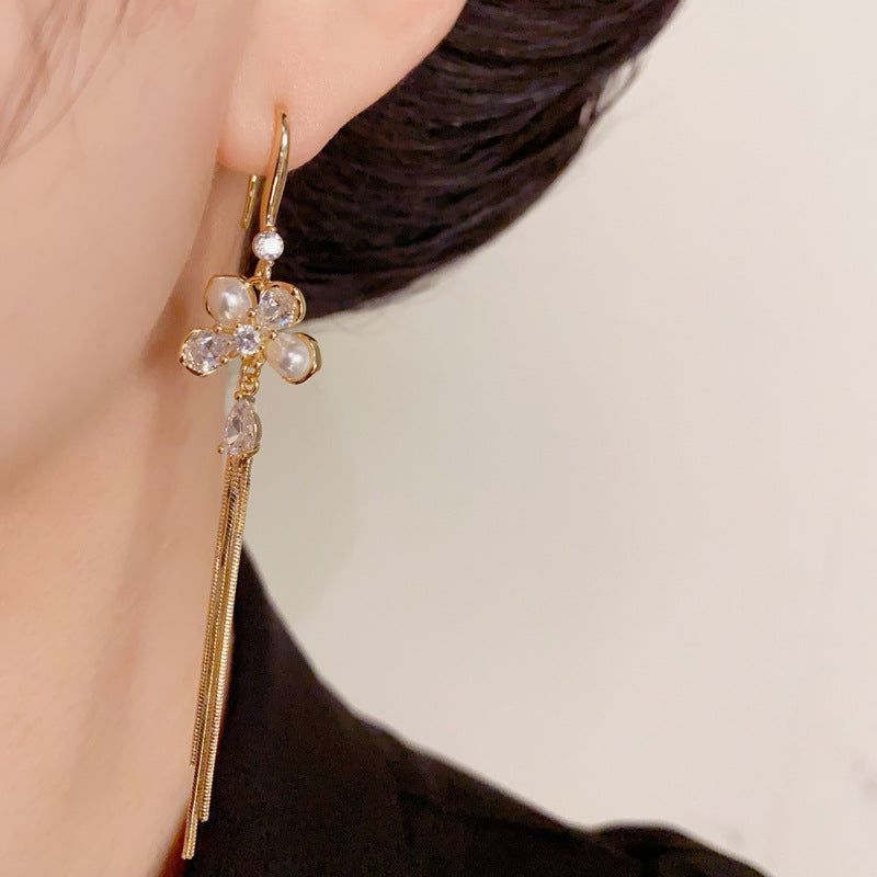 14K Gold-Plated Pearl Petal Tassel Earrings – Elegant Long Drop Design