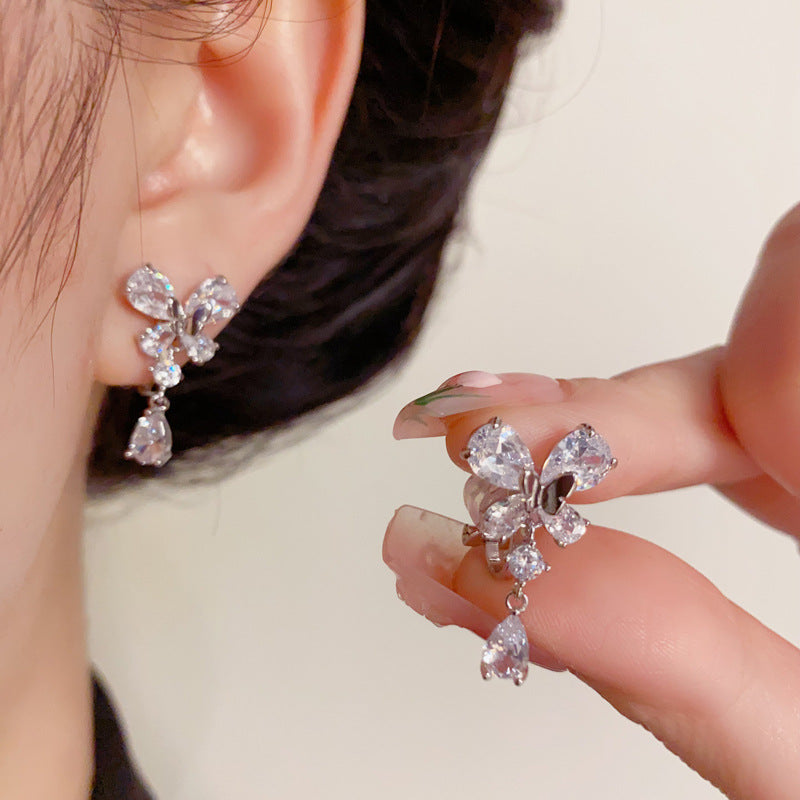14K Gold Zircon Butterfly Waterdrop Tassel Ear Clips – Elegant Design