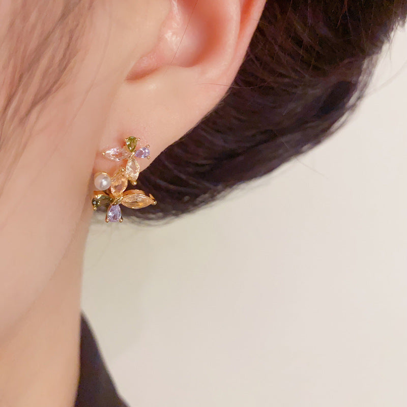 14K Gold Colorful Zircon Butterfly & Pearl Earrings – Elegant Design