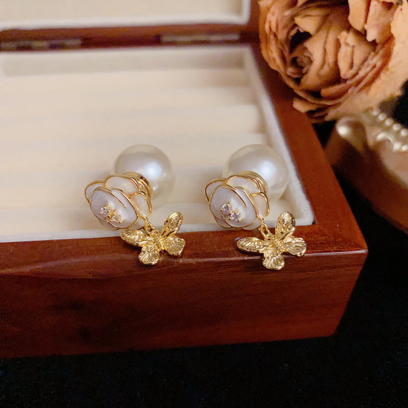 Sweet Flower & Butterfly Tassel Pearl Earrings – S925 Silver Needle