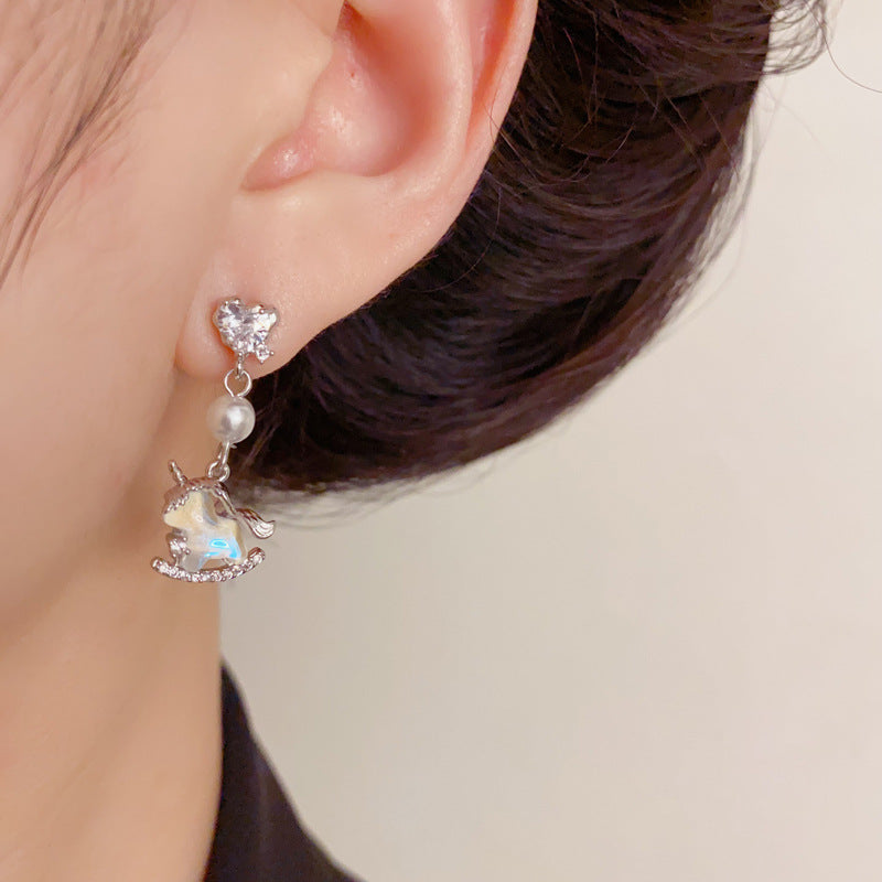 Luxury Zircon Heart Pearl Unicorn Drop Earrings – Animal Design