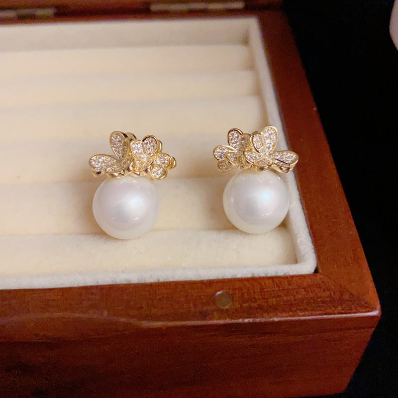 14K Gold-Plated Zircon Flower Pearl Stud Earring - Elegant Design